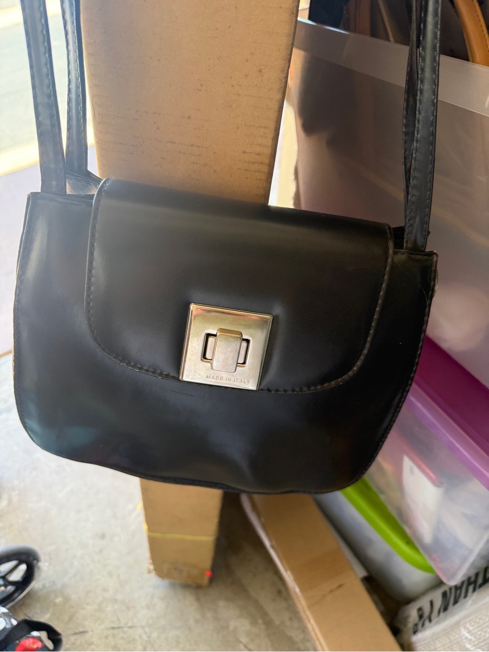 Classic Black Shoulder Bag with Silver Turn-Lock made in Italy